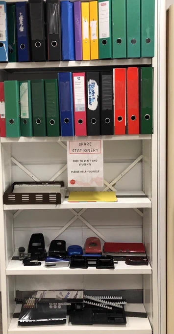 set of shelves with various items of stationery. 