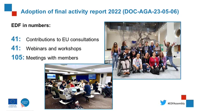 Slide on the adoption of final activity report, with photos and numbers representing EDF