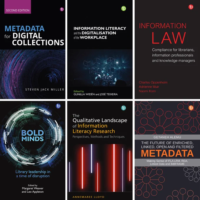 Six book covers arranged in a square. All of them are black with title letters in red, white or blue. 