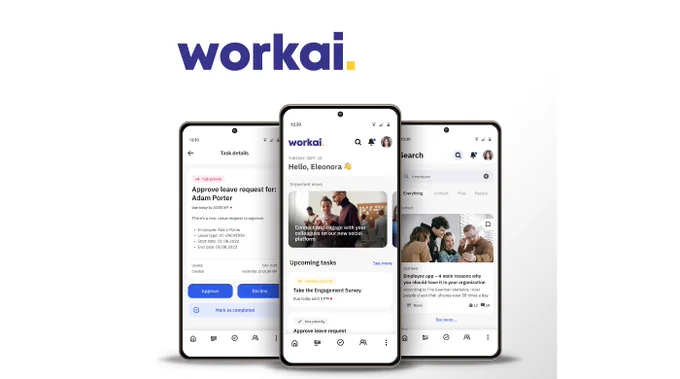 Workai logo and 3 mobile screenshots from their employee app product.