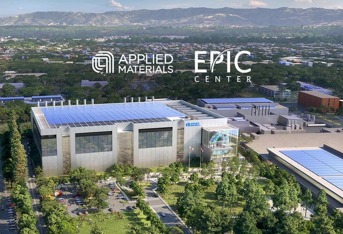 photo of a giant building with green trees surrounding it. applied materials and epic center logos floating at the top of the image.