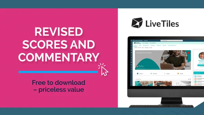 Revised scores and commentary. Free to download - priceless value. LiveTiles logo with an image of their intranet home page on a computer monitor.