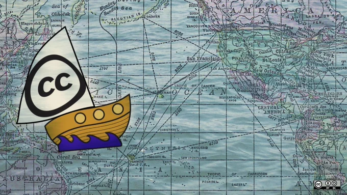 Image of a boat with 'CC' on the sail against an old fashioned world map background.


