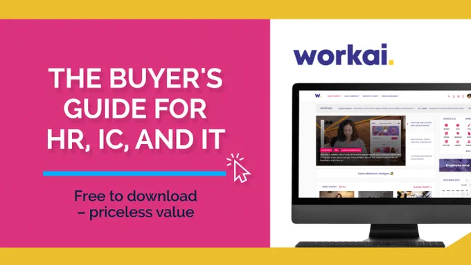 The buyer's guide for HR, IC, and IT. Free download - priceless value. Workai logo with an image of their intranet home page on a computer monitor.