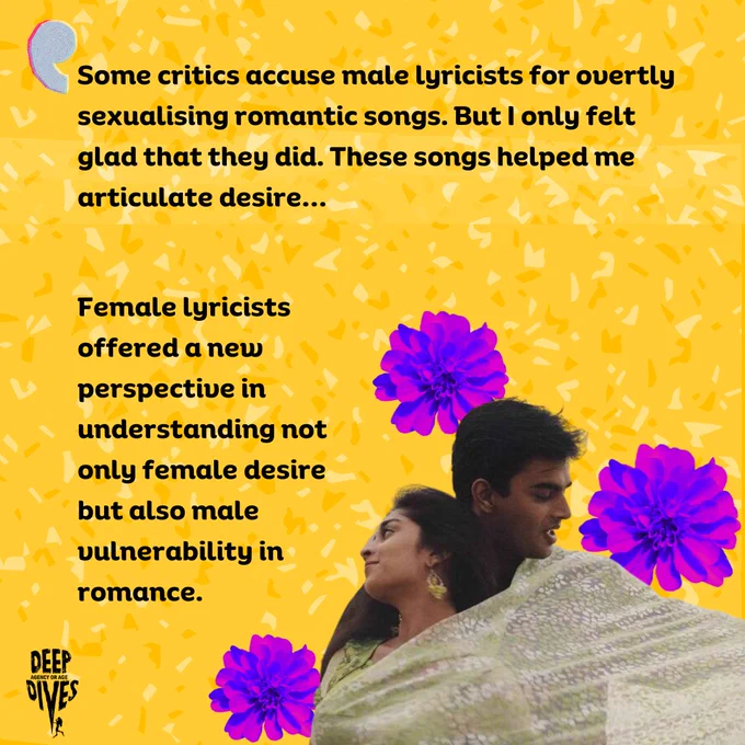 “Some critics accuse male lyricists for overtly sexualising the romantic songs. But I only felt glad that they did. These songs helped articulate desires. Female lyricists offered a new perspective in understanding not only female desire but also male vulnerability"
A still from the Tamil movie Alaipayuthey: a woman and a man are embracing each other and looking blissfully in opposite directions. The man is caressing the woman's saree.