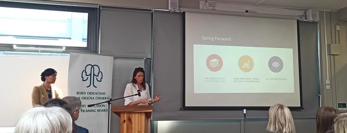 A slide entitled "Going Forward" detailing actions and commitments to supporting UDL in Killarney Community College, including UDL peer observations 