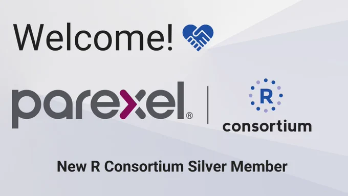There is text that reads Welcome! with both Parexel logo and R Consortium logo. Additional text reads New R Consortium Silver Member