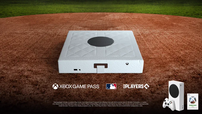 Custom Xbox Series S console shaped like a base on the infield dirt.