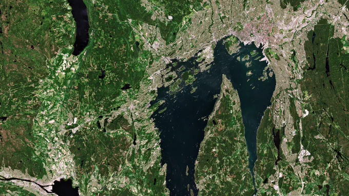 Copernicus Sentinel-2 satellite image of Oslo, Norway, in 2020.