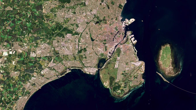 Copernicus Sentinel-2 satellite image of Copenhagen, Denmark, in 2020.