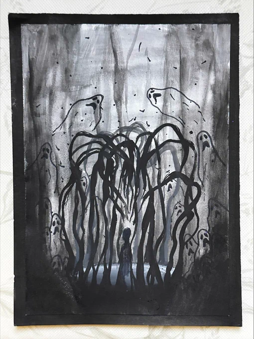 Artwork by Allie Scott - a painting in black and white sees a person caged in by dark tendrils. Outside of this vine like cage are haunting ghosts which circle the person.