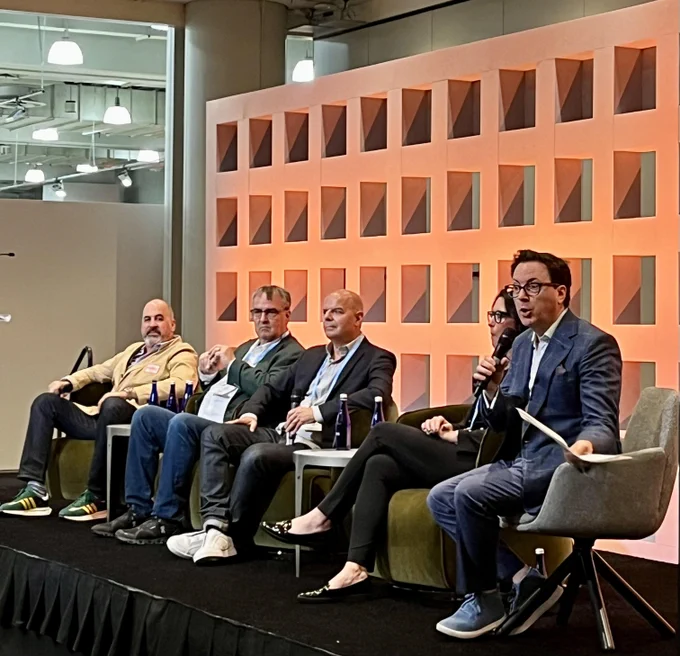 From left: John Edelman (Heller), John McPhee (Chilewich), Pablo Pardo (Pablo Designs), Simone Vingerhoets-Ziesmann (Ligne Roset), and moderator Dennis Scully (Business of Home) discuss "Inspiring Innovation: Can Original Design Be Taught?" at ICFF   WantedDesign.