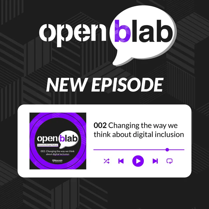 The post says: open blab. NEW EPISODE.

There is the open blab logo, and next to that text that says: 002 Changing the way we think about digital inclusion. 

Underneath is a Shuffle button, Back button, Play button, Forward button and a Repeat button to look like a podcast is playing. 