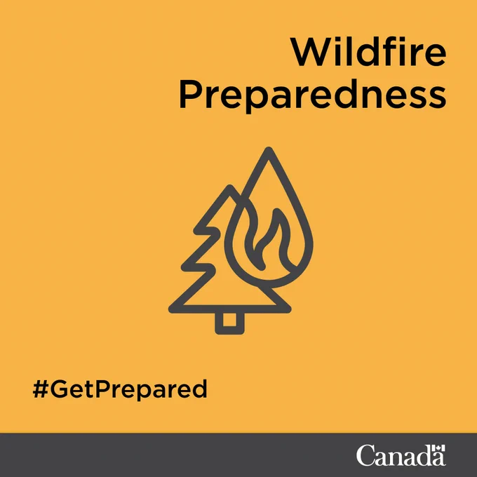 Icons of an evergreen tree and a waterdrop outline with a fire flame on the inside illustrating a forest fire. Text: Wildfire Preparedness. #GetPrepared.