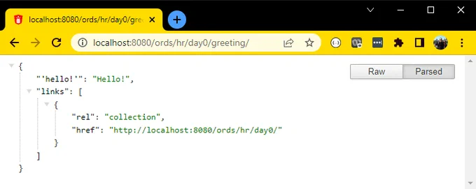 A sample REST API with GET handler to test your Oracle Database configuration with REST Data Services (ORDS),  begin  ORDS_METADATA.ORDS.create_service(       p_module_name        => 'day_zero',       p_base_path          => 'day0',       p_pattern            => 'greeting/',       p_method             => 'GET',       p_source_type        => 'json/item',       p_source             => 'select ''Hello!'' from dual',       p_status             => 'PUBLISHED',           p_module_comments    => 'see if we can create a module',       p_template_comments  => 'see if we can create a template',       p_handler_comments   => 'see if we can say Hello!');  COMMIT; END; /