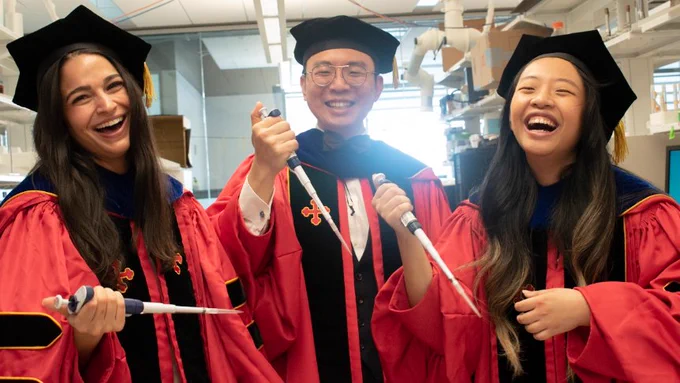 Photos of Dana Motabar (left), Chen-Yu Chen (Middle), and Sally Wang (right) posing for a picture in their Ph.D. graduation gown with BIOE tools used in lab. 