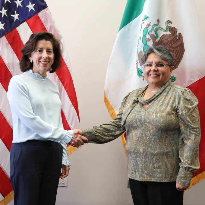 Secretary Raimondo shakes hands with Mexico’s Secretary of Economy Raquel Buenrostro
