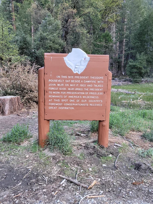 Sign depicting the site and conversation between President Theodore Roosevelt and John Muir at Yosemite National Park. 