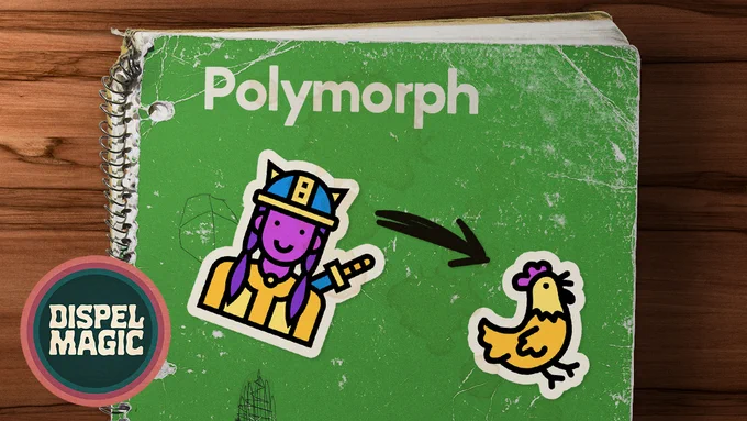 Cover image for the polymorph episode of Dispel Magic. Depicts a beat up spiral bound notebook with a sticker of a person then a black marker arrow pointing to a sticker of a chicken.
