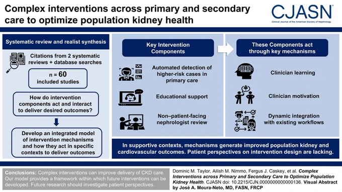 Visual Abstract for the article titled "Complex Interventions Across Primary and Secondary Care to Optimize Population Kidney Health: A Systematic Review and Realist Synthesis to Understand Contexts, Mechanisms, and Outcomes"