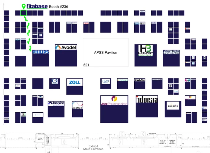 Floorplan of #SLEEP2023 exhibit hall showing location of Fitabase booth in the back left side