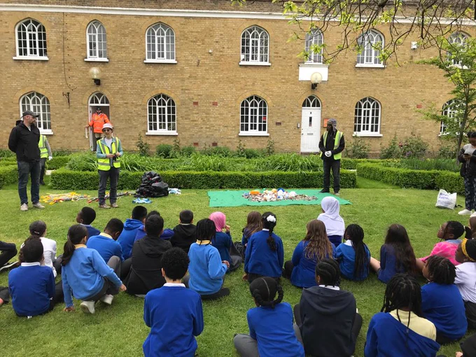 Pupils with the collected litter.