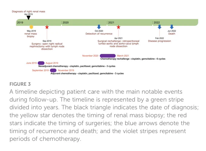 timeline depicting patient care with the main notable events during follow-up.
