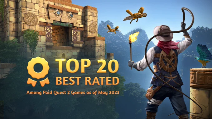 Eye of the Temple cover art with golden text 'TOP 20 BEST RATED Among Paid Quest 2 Games as of May 2023' in place of the logo.