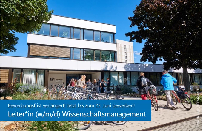 Foto des Institutsgebäudes des IÖR. Banner: Bewerbungsfrist verlängert! Jetzt bis zum 23. Juni bewerben! Leiter*in (w/m/d) Wissenschaftsmanagement. 