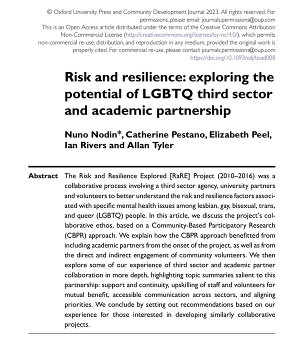 Journal article entitled Risk and resilience: exploring the potential of LGBTQ a third sector and academic partnership, and the abstract.