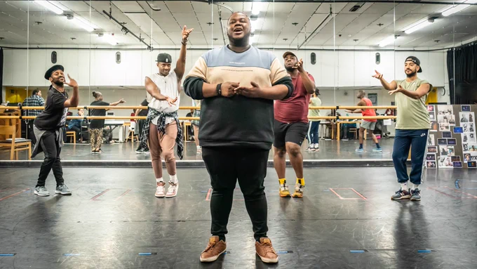 Kyle Ramer Freeman and the cast of A Strange Loop in rehearsals for the UK premiere at the Barbican Theatre