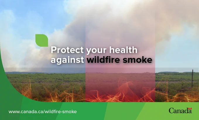 A field landscape on fire creates a cloud of smoke across a blue sky. "Protect your health against wildfire smoke" www.canada.ca/wildfire-smoke. Government of Canada logo. 