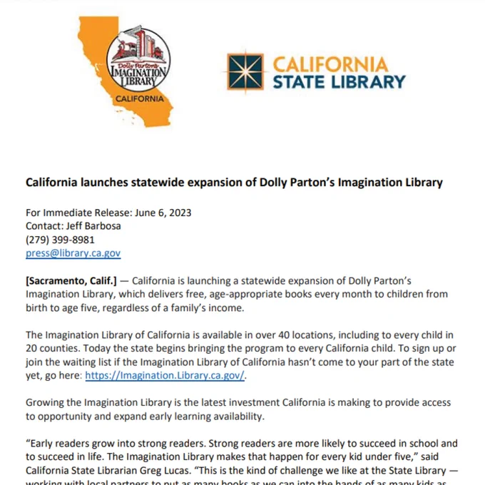 Screenshot of a PDF of the "California launches statewide expansion of Dolly Parton’s Imagination Library" press release. An accessible version is available at the link in the tweet.