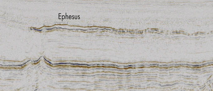 Seismic line through the Ephesus area, illustrating how the far offset clearly brings out the prospect through its higher amplitudes. Seismic lines kindly provided by Oilco.
