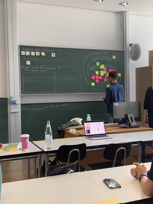 A person in front of a blackboard putting up stickies