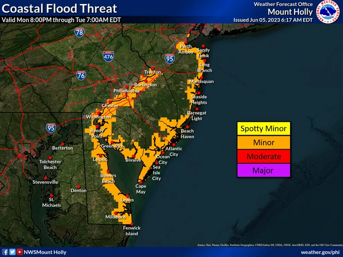 Minor coastal flooding is forecast for the Atlantic coasts of Delaware and New Jersey, Delaware Bay, and the tidal Delaware River.