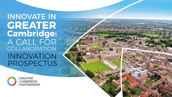 Front cover of the GCP's Innovation Prospectus with a bird's eye view of Cambridge in the background.