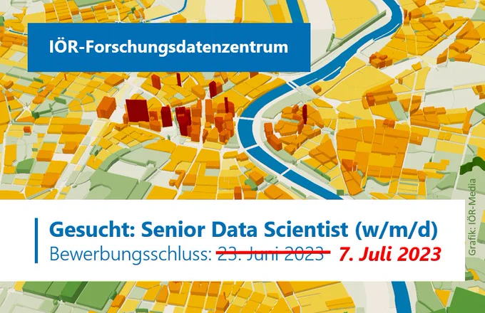Im Hintergrund eine digitale 3D-Karte von Dresden. Zwei Banner: IÖR-Forschungsdatenzentrum. Gesucht: Senior Data Scientist (w/m/d). Bewerbungsschluss 7. Juli 2023.