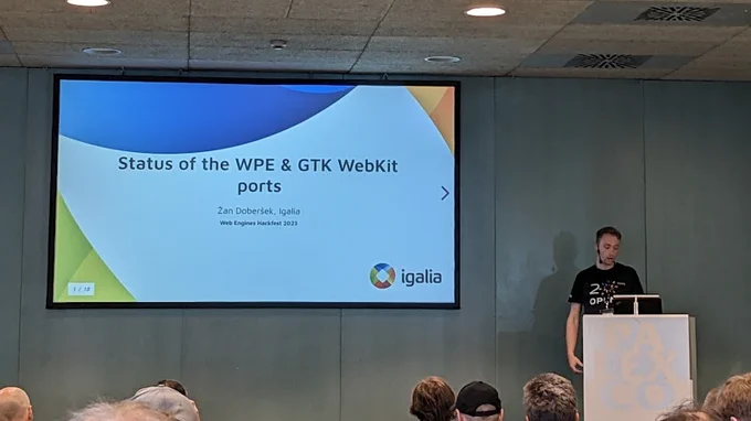 Picture of Žan Doberšek on stage during the Web Engines Hackfest 2023