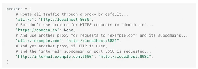 A python dictionary containing configuration for complex routing to different HTTP proxies. There are examples with different protocols, domains, ports and combination of those.
