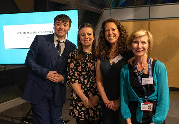 Stuart Phillips winner of the Volunteer of the Year Award 2022 with Annie McCarthy from The Marsh Trust, Shaaron Leverment ASDC Chief Executive and Florence Edmond, Volunteer Manager at Glasgow Science Centre.