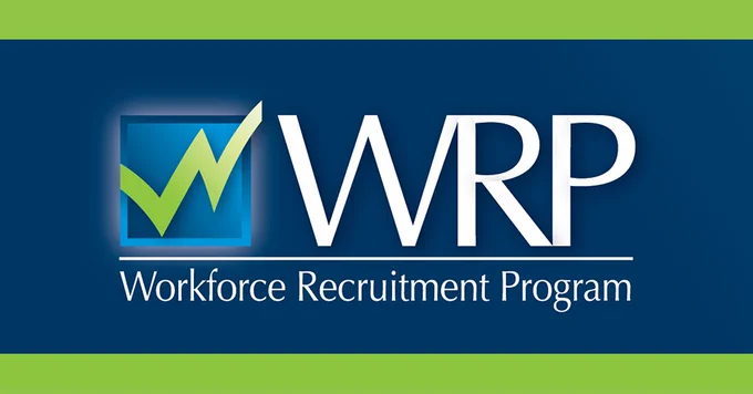 Blue and green graphic with a line chart going upwards. Text: "WRP: Workforce Recruitment Program"