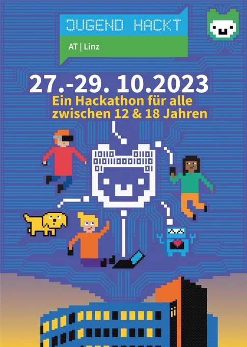 Das Jugend hackt Linz Plakat. Mit Datum von 27.10 - 29.10.2023 und den Text: Ein Hackathon für alle zwischen 12 & 18 Jahren. Zudem eine Pixelgrafik von Jugendlichen die mit Laptop, VR-Brille, Handy, Roboter und Hund im Kreis rund um das Alpakalogo von Jugend hackt schweben. Unten im Bild ist der Wissensturm in Pixelgrafik zu sehen.