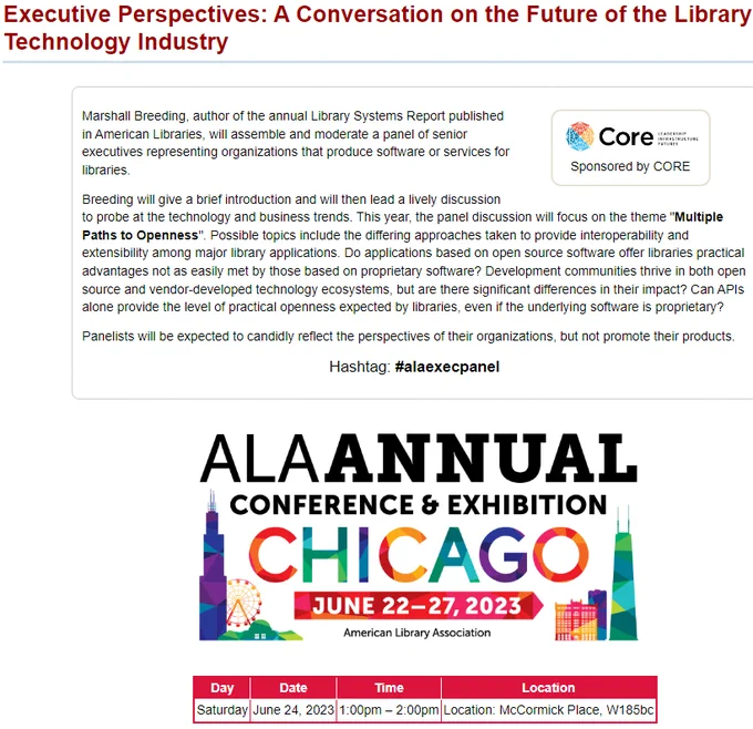This year, the panel discussion will focus on the theme "Multiple Paths to Openness". Possible topics include the differing approaches taken to provide interoperability and extensibility among major library applications. Do applications based on open source software offer libraries practical advantages not as easily met by those based on proprietary software? Development communities thrive in both open source and vendor-developed technology ecosystems, but are there significant differences in their impact? Can APIs alone provide the level of practical openness expected by libraries, even if the underlying software is proprietary?