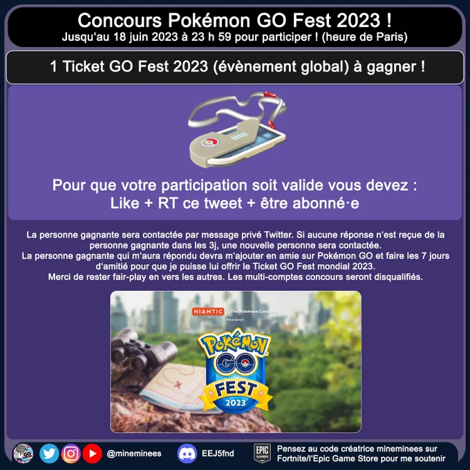 La personne gagnante sera contactée par message privé Twitter. Si aucune réponse n'est reçue de la personne gagnante dans les 3j, une nouvelle personne sera contactée. La personne gagnante qui m'aura répondu devra m'ajouter en amie sur Pokémon GO et faire les 7 jours d'amitié pour que je puisse lui offrir le Ticket GO Fest mondial 2023. Merci de rester fair-play en vers les autres. Les multi-comptes concours seront disqualifiés.
