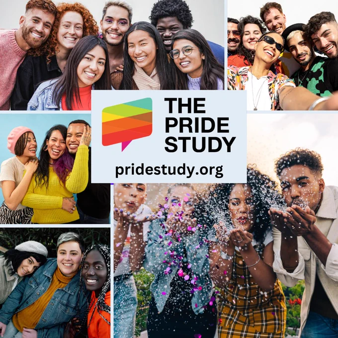 grid collage with 5 photos of groups of people smiling or blowing confetti. At the center is a light blue square with the PRIDE Study logo and text saying pridestudy.org