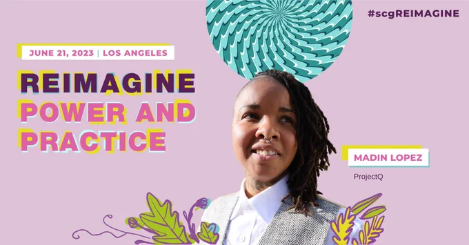 Purple digital banner with a profile photo of Madin Lopez. Logo of Reimagine Power and Practice with a date to the right side