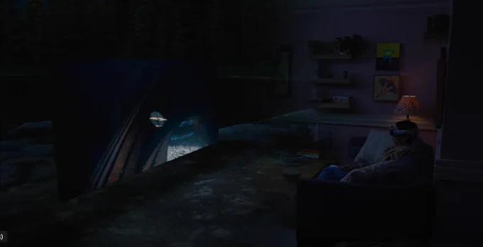 A screenshot of the WWDC 23 Keynote showing a half-VR environment