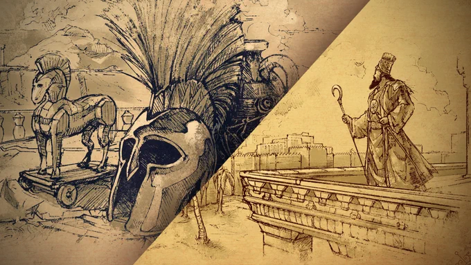 Image: A split screenshot of campaign artwork from the Glory to Greece campaign (left), showing a closeup sketch of a plumed helmet and an ornate urn with the Trojan horse in the background. The Voices of Babylon campaign (right) shows Hammurabi standing on a rooftop overlooking the city of Babylon.