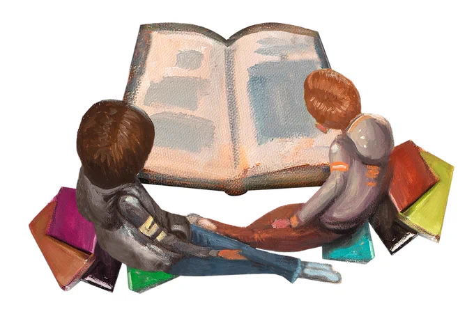Artwork from the Collaborative Summer Library Program's 2023 Summer Reading theme, All Together Now. Watercolor style illustration of two children lounging on piles of books while looking at a large, open book.